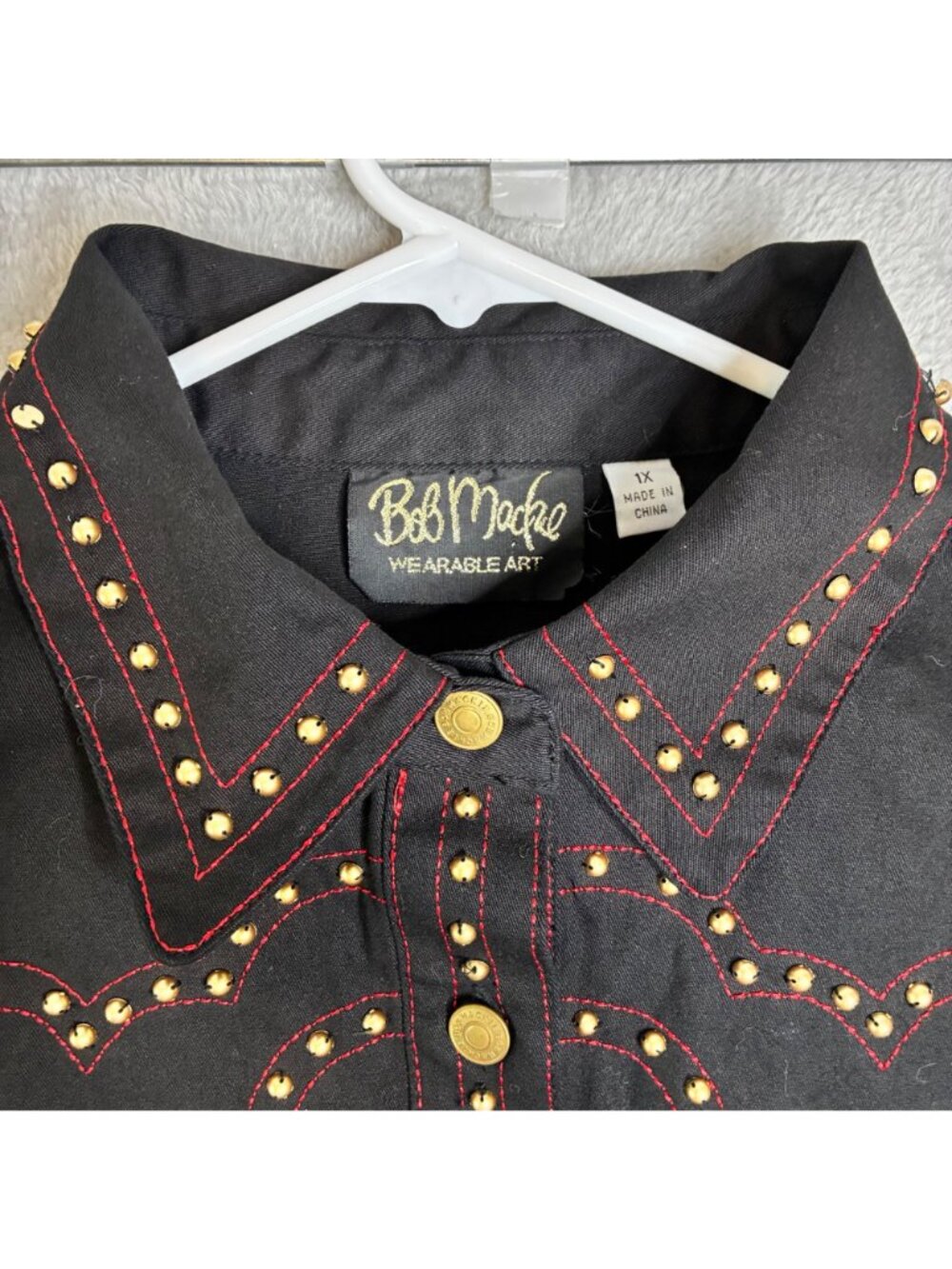 Bob Mackie Black Western-Style Studded Button-Up Shirt 1X Cotton Blend - Picture 5 of 10